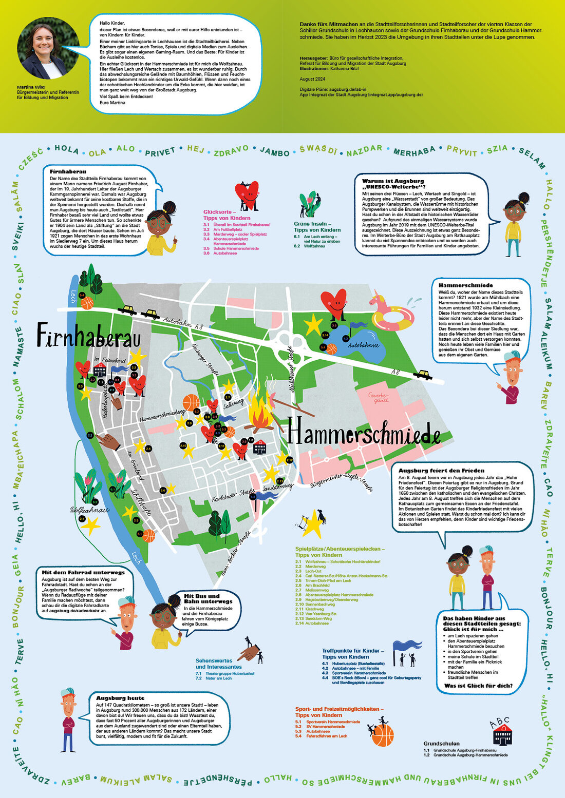 Abstrakter Stadtteilplan mit vielen Illustrationen