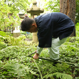 Ein Mensch steht gebückt im Japangarten