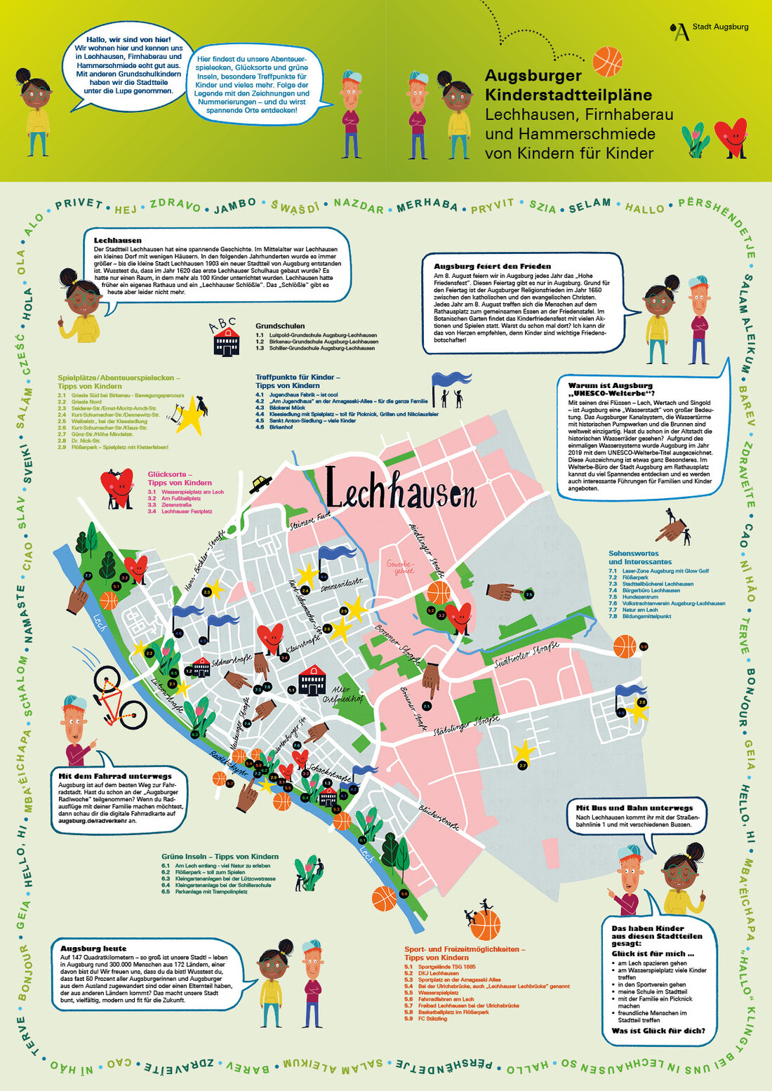 Abstrakter Stadtteilplan mit vielen Illustrationen