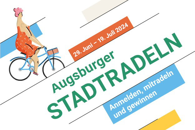 Eine Zeichnung einer Dame auf dem Fahrrad mit einem Schriftzug darunter: "29. Juni bis 19. Juli 2024. Augsburger Stadtradeln. Anmelden mitradeln und gewinnen". 