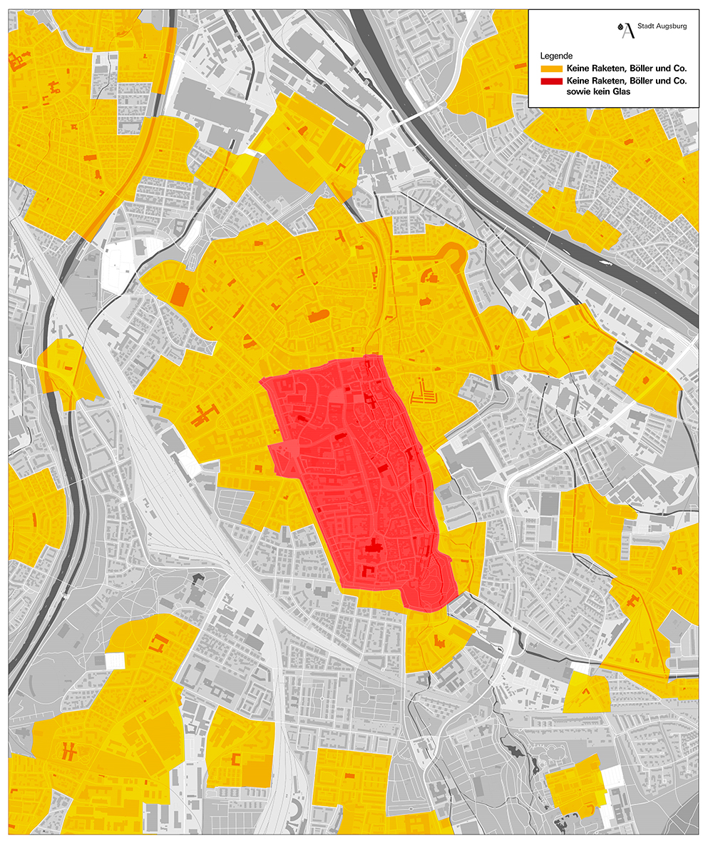 Übersichtskarte der Stadt Augsburg mit gelb und rot markierten Verbotszonen. 