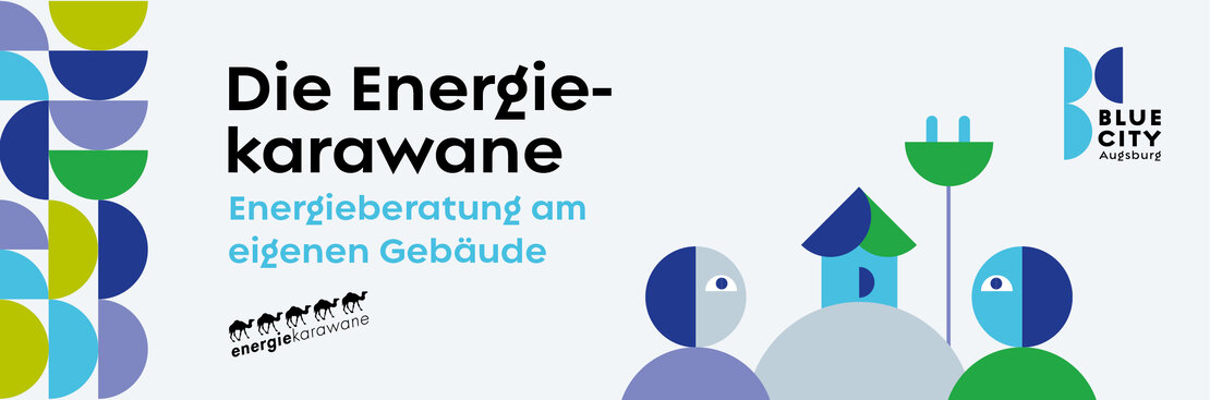 Eine künstlerische Grafik mit der Aufschrift "Die Energiekarawane - Energieberatung am eigenen Gebäude"