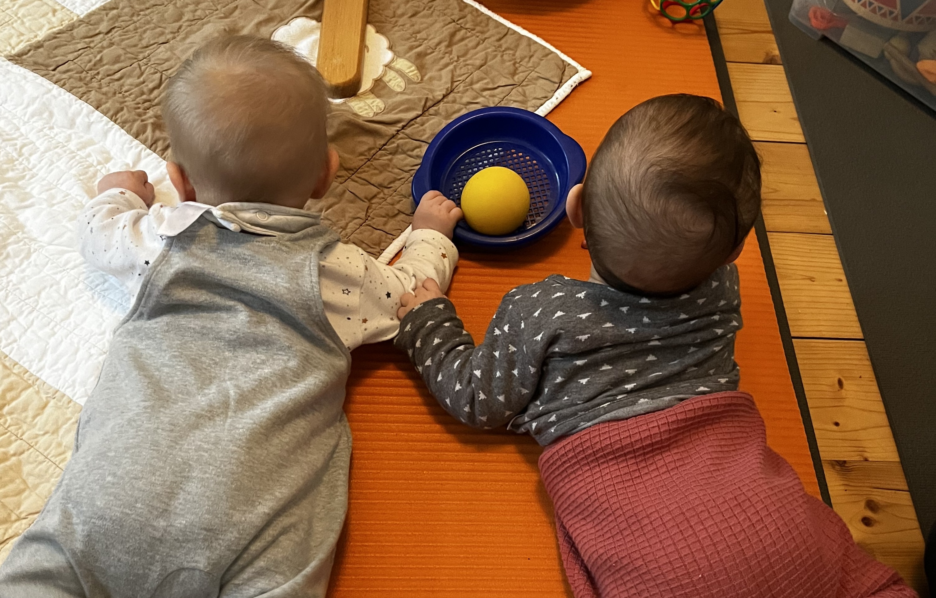 Zwei Babys krabbeln auf dem Boden