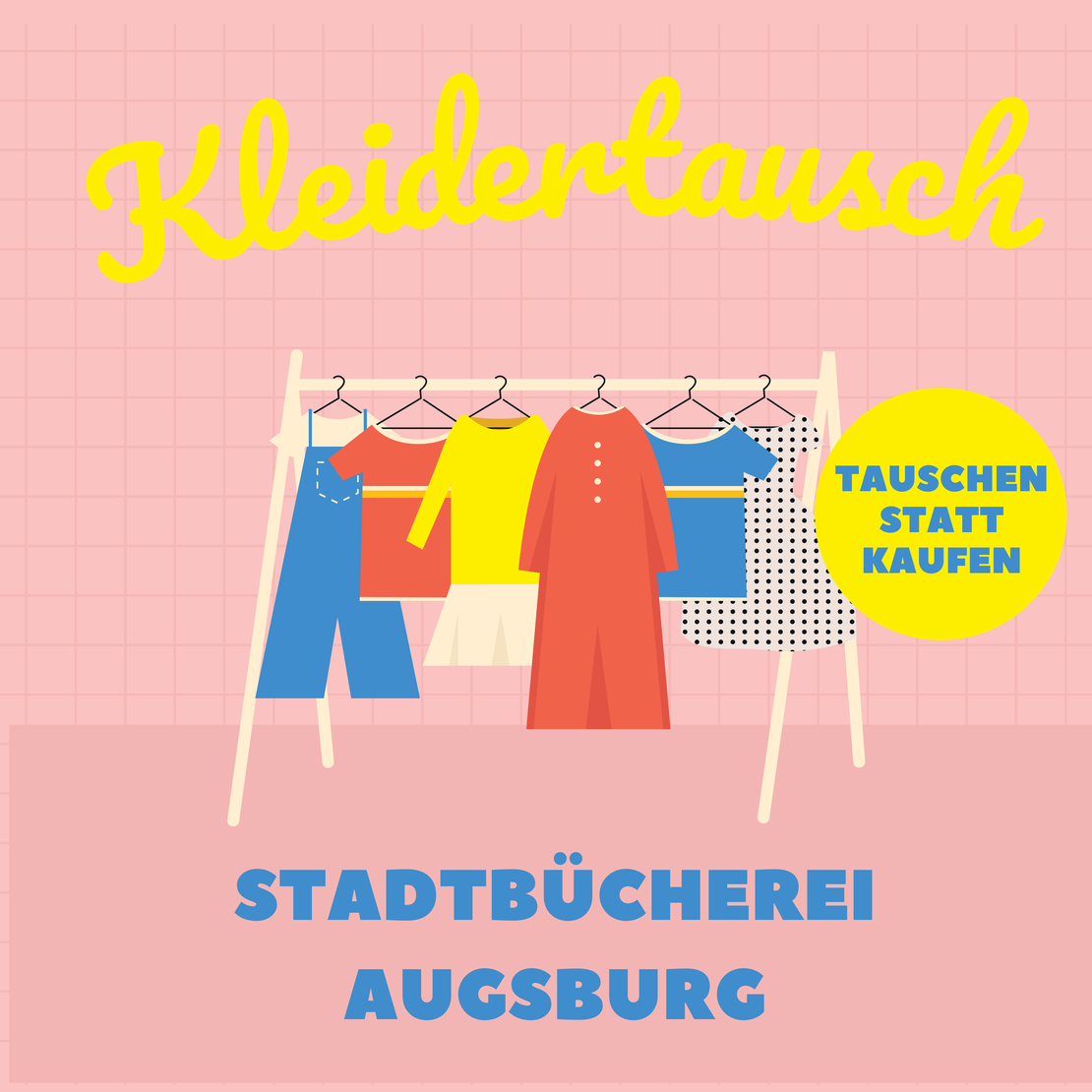 Eine Grafik mit der Aufschrift Kleidertausch Stadtbücherei Augsburg. Dazu die Zeichnung eines Kleiderständers