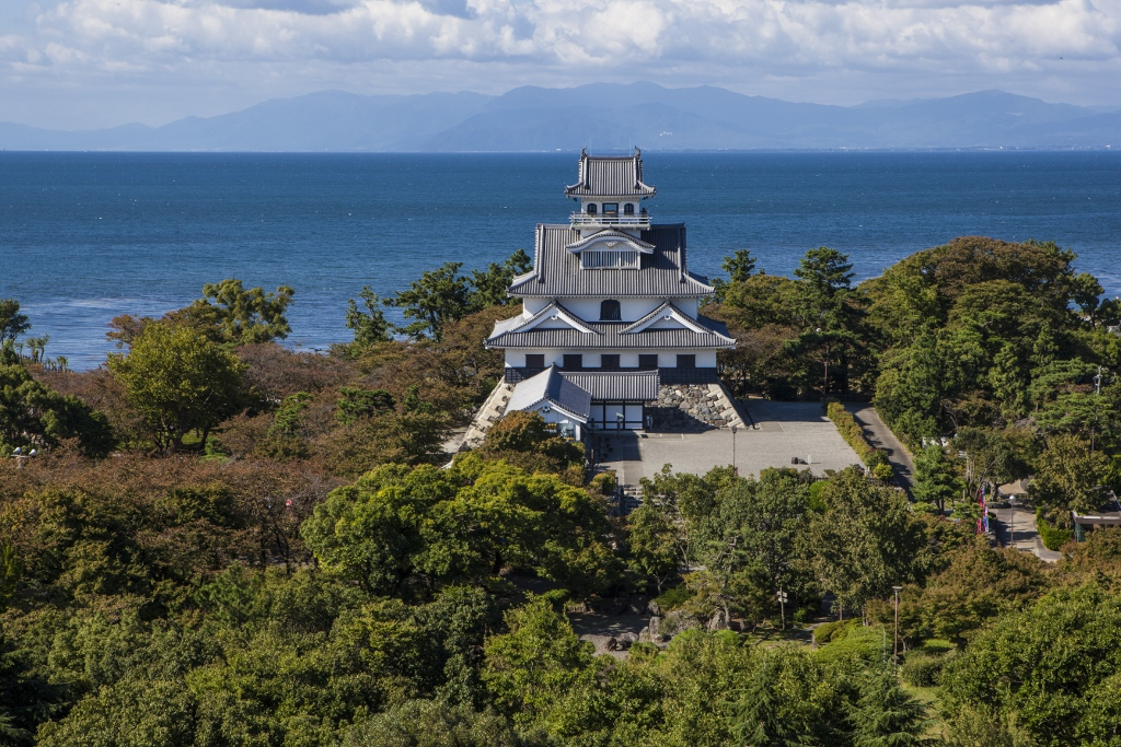 Stadtansicht von Nagahama vor Bergen