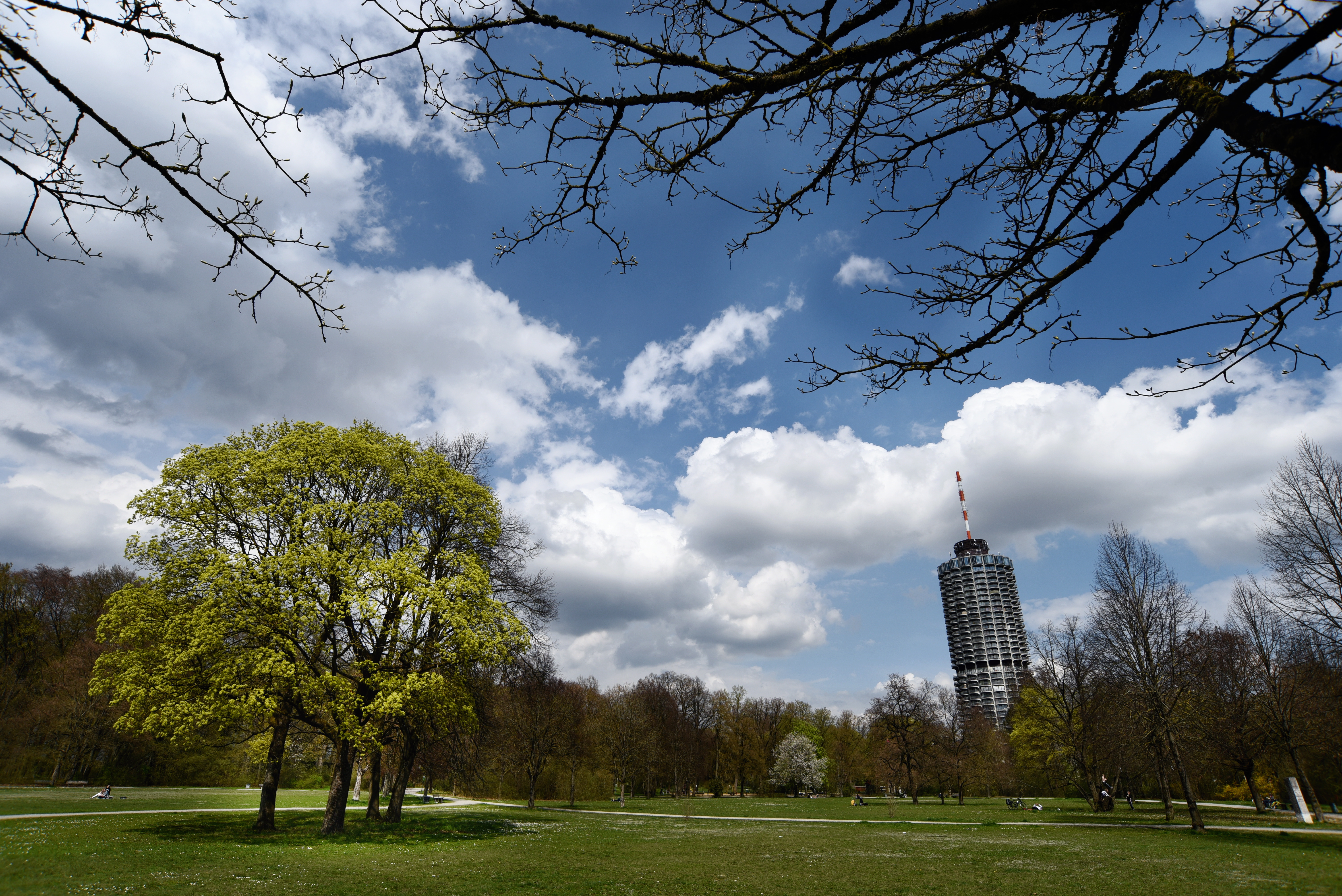 Blick in Park mit Wiese und Bäumen, darüber Himmel mit ein paar Wolken